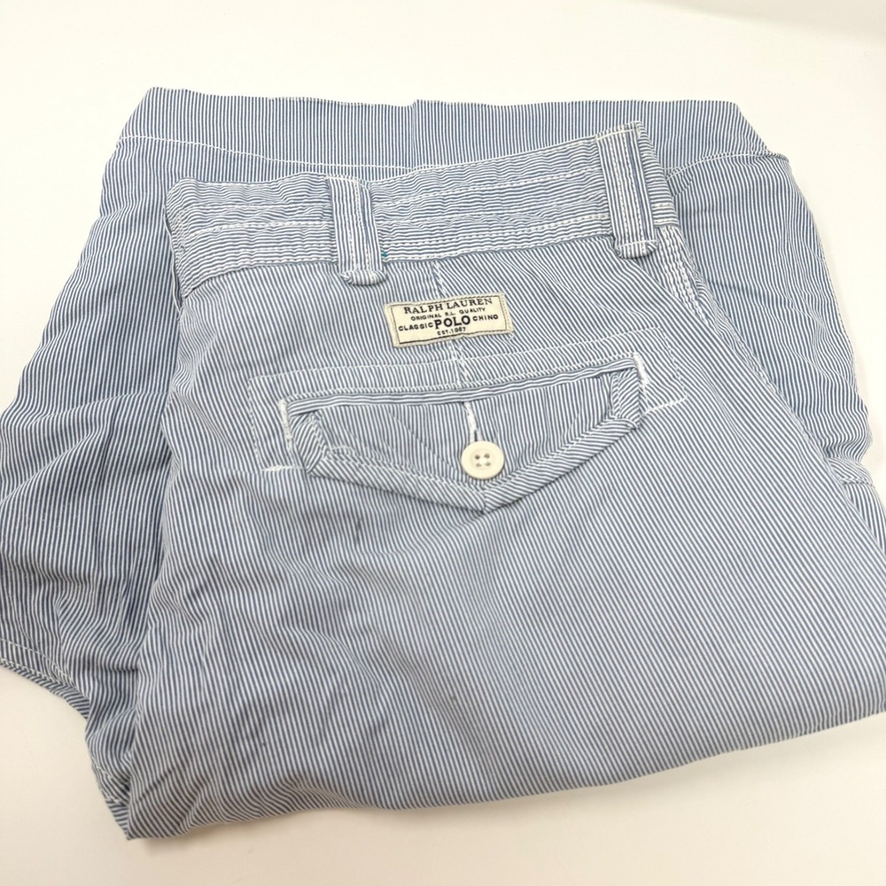 Polo Ralph Lauren Mens Size 35 Hickory Stripe Seersucker Cargo Shorts Blue